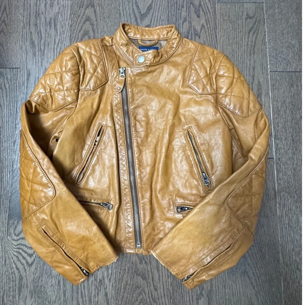Ralph Lauren Kids Brown Leather Quilted Moto Jacket Size M 8/10 - Picture 1 of 9